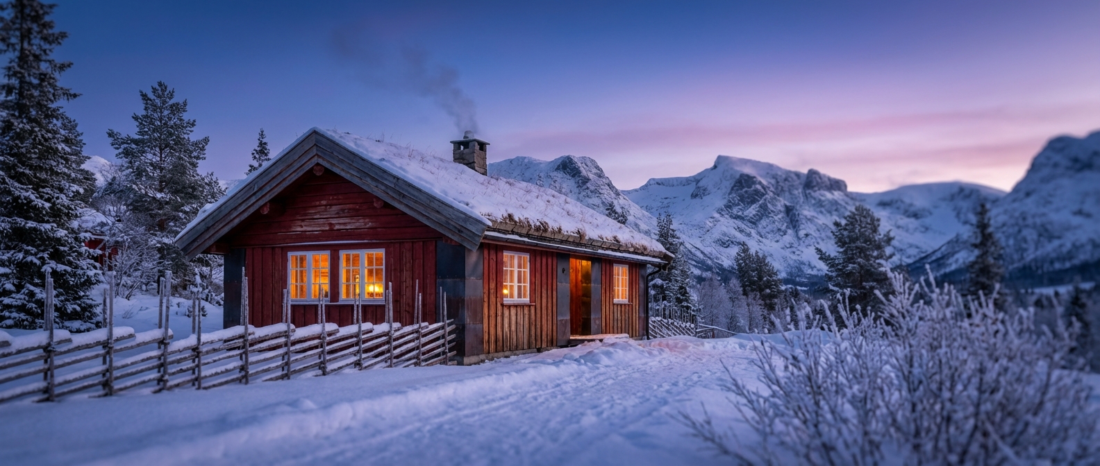 Mysig fjällstuga i vinterlandskap